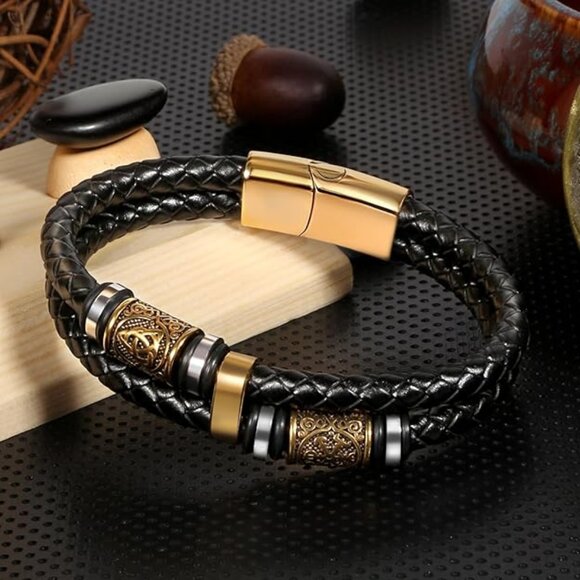 Viking Leather Bracelet For Men Handmade Stackable Jewelry Faith and Courage - Picture 1 of 5